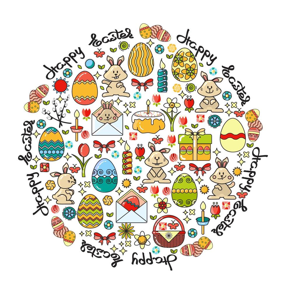 Easter Elements Arranged in Circle and Handwritten Word Happy Easter. vector