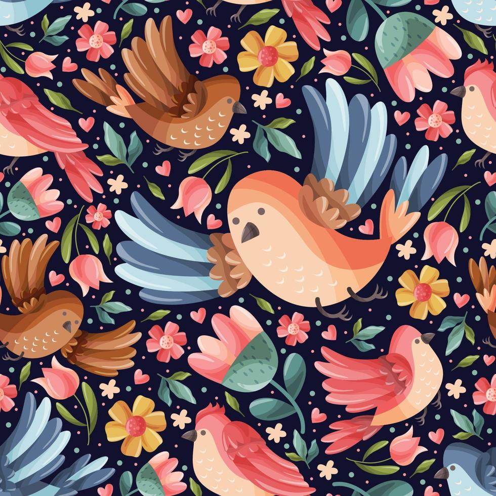 fondo de flores y follaje de pájaros de primavera vector