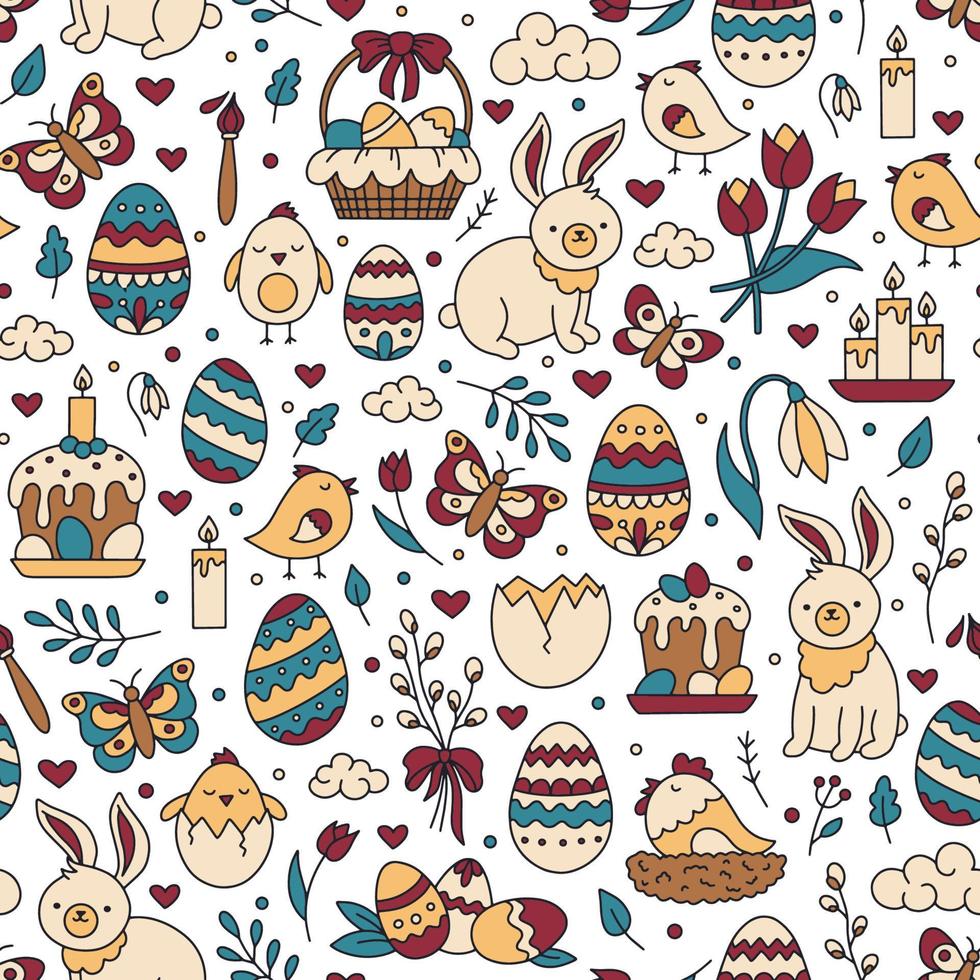 Easter seamless pattern with vector icons of eggs, chickens, flowers and bunnies. Cute doodle holiday symbols for printing on paper or fabric.