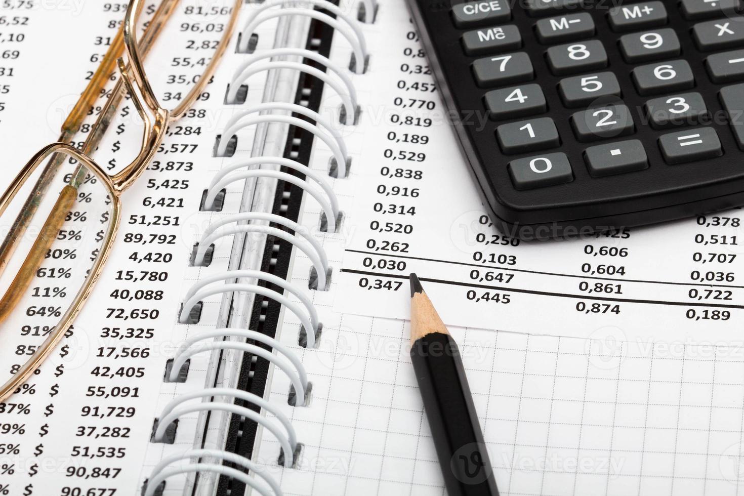 Financial report, pencil, calculator, glasses and paper with numbers on the table in the office. A paper sheet full of business data. Accounts number and the data. Business documents. Close-up photo