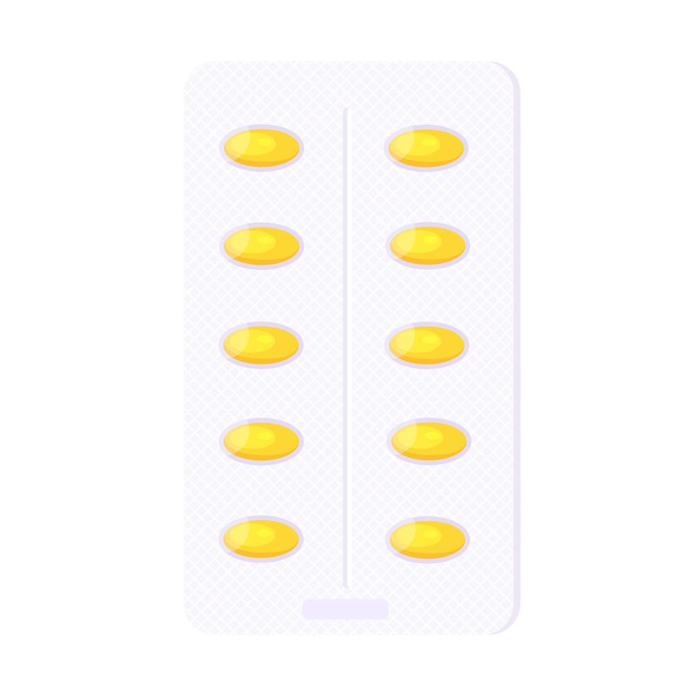Omega-3 pill blister with yellow capsules flat style design vector illustration isolated on white background.