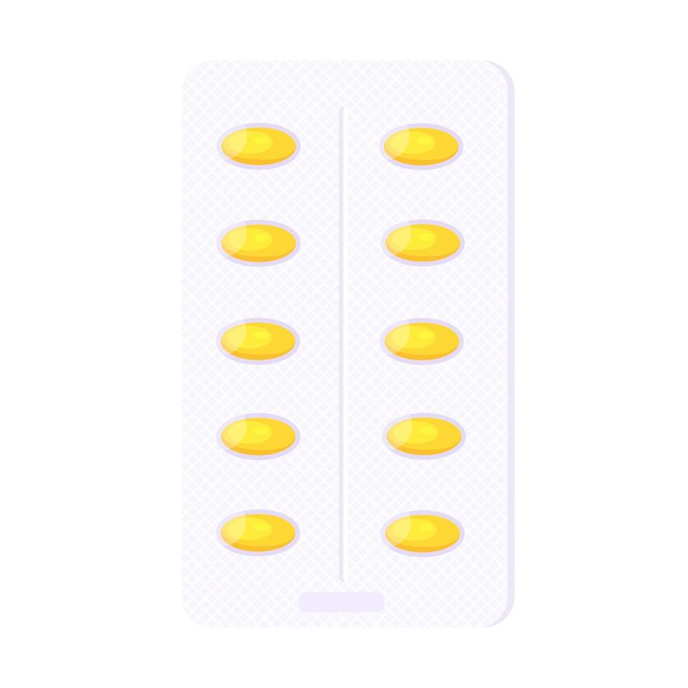 Omega-3 pill blister with yellow capsules flat style design vector illustration isolated on white background.