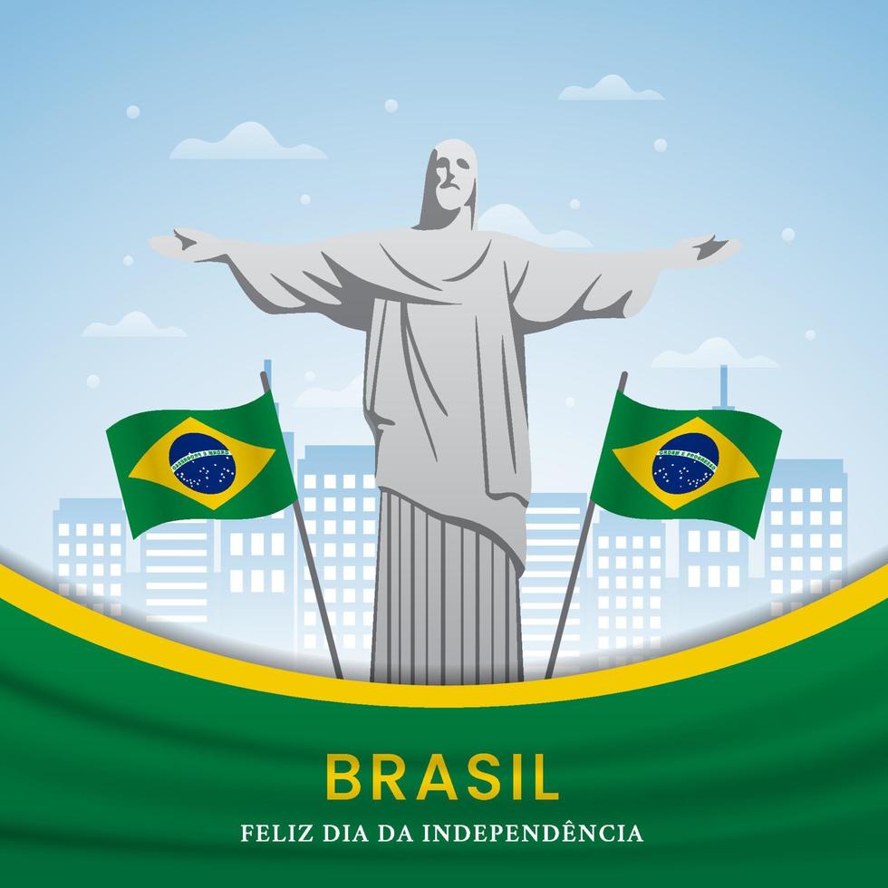 ilustración del día de la independencia de brasil con bandera artística y estatua de cristo y ciudad vector