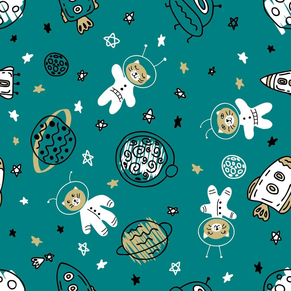 Doodle seamless pattern with cats astronauts explore universe. vector