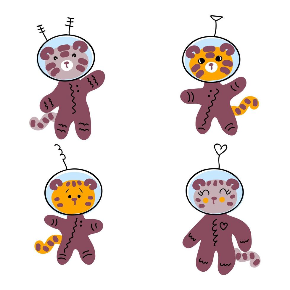 Hand drawn tiger cubs astronauts collection. vector