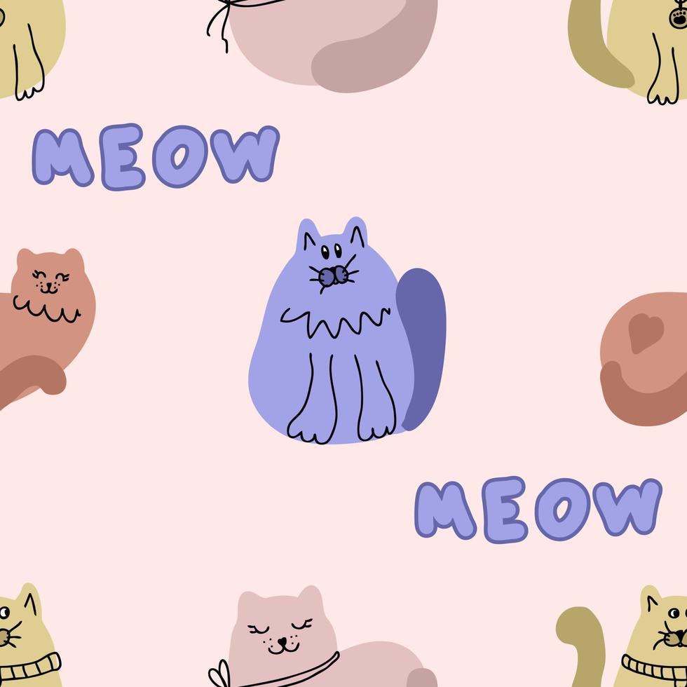 Hand drawn seamless pattern with fat funny cats and text MEOW. vector