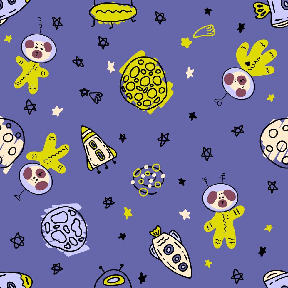 Hand drawn seamless pattern with astronauts pug dogs in space. vector