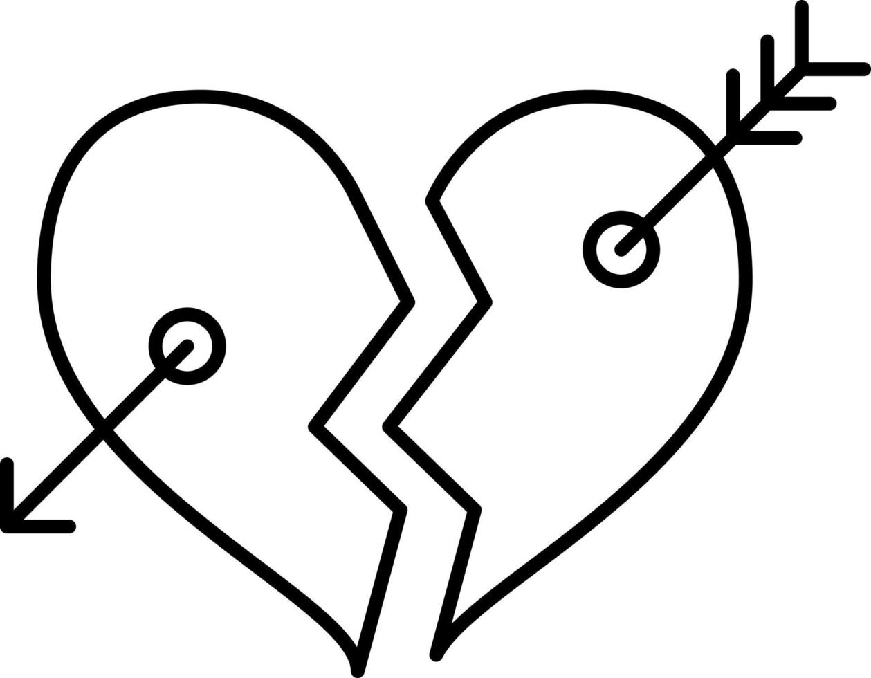 corazón roto con vector de icono de contorno de flecha de arco