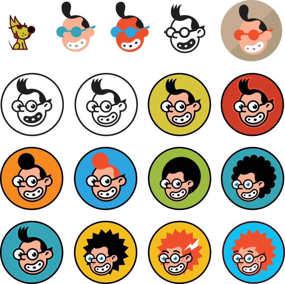 Cartoon characters geeks in a flat style. Vector image isolated on white background. Comics logo of the company. Avatar, icons of characters for print and site. Geek characters for the company.