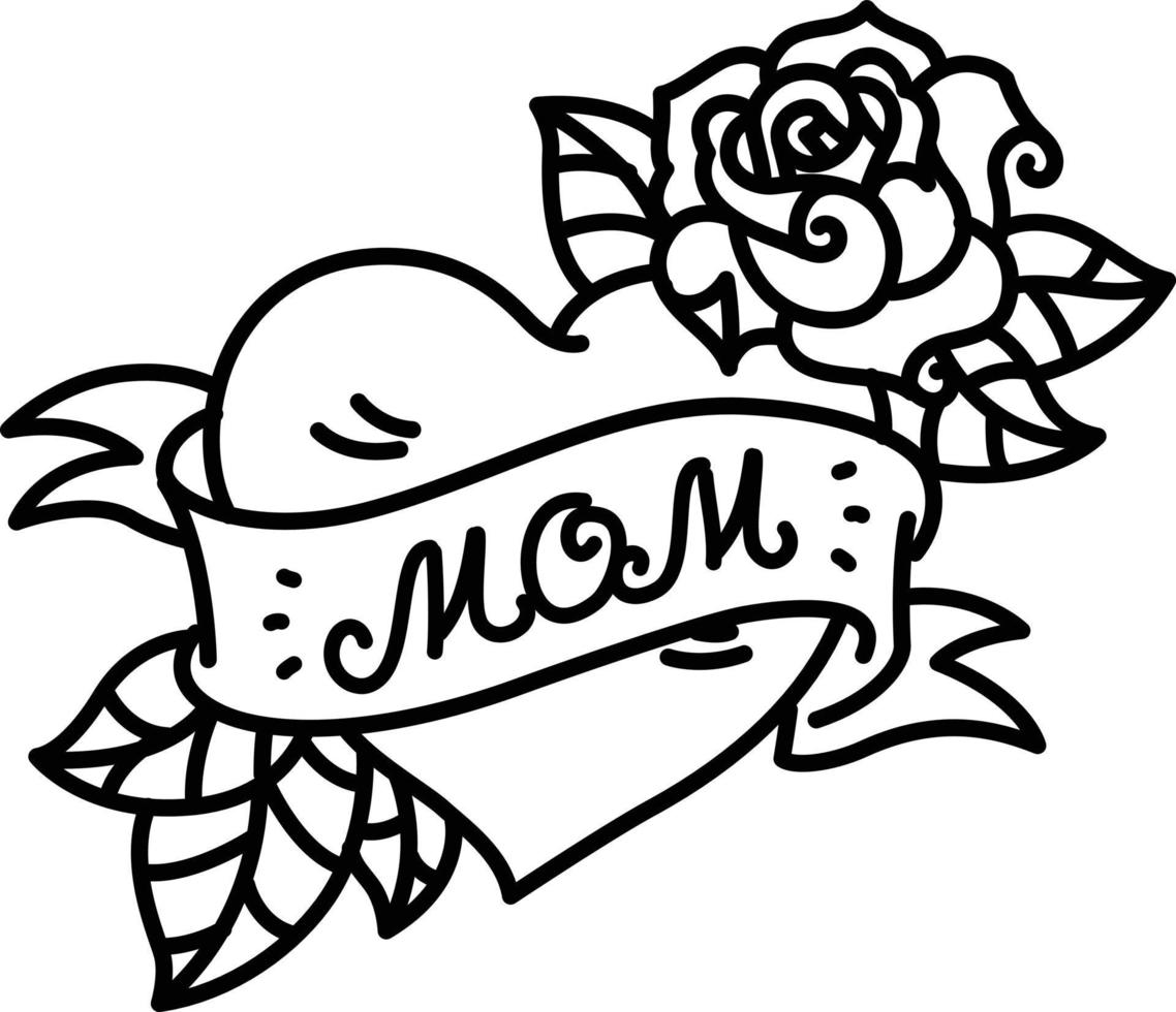 A tattoo with the inscription of Mom. A heart and flower tattoo with a flower. Tattoo in the style of the American old school. Vector flat tattoo. The illustration is isolated on a white background.