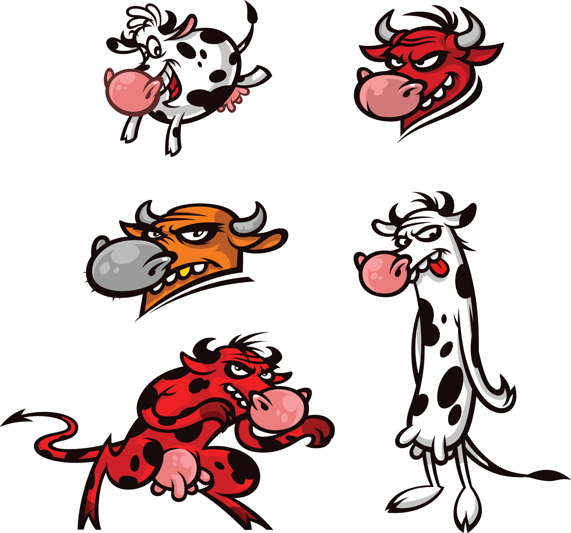 Cartoon funny cows. Characters isolated on white background. A herd of cows  and bulls. Characters for the site and the press. Vector flat illustration.  Cow characters for packaging. Angry cows. 5437469 Vector