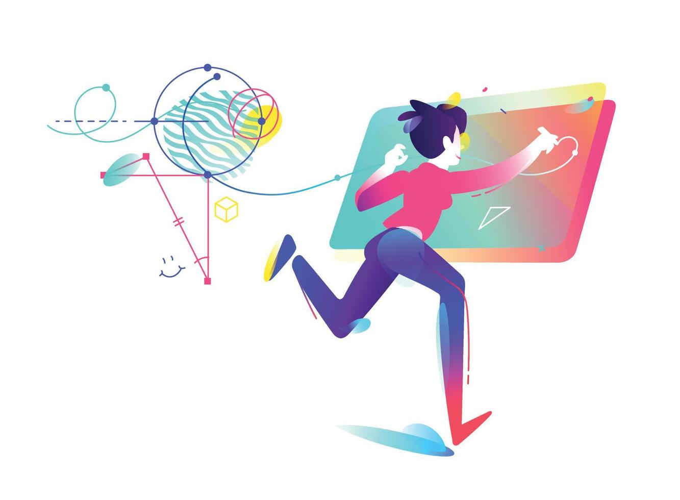 The girl solves mathematical problems. Vector illustration isolated on white background. Developer application. Businesswoman. Illustration for website and print. Banner for the site.