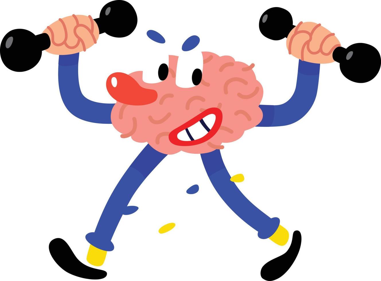 A cartoon painted brain shakes the intellect. Vector flat illustration on white background. The character is clever. A corporate hero, a mascot.