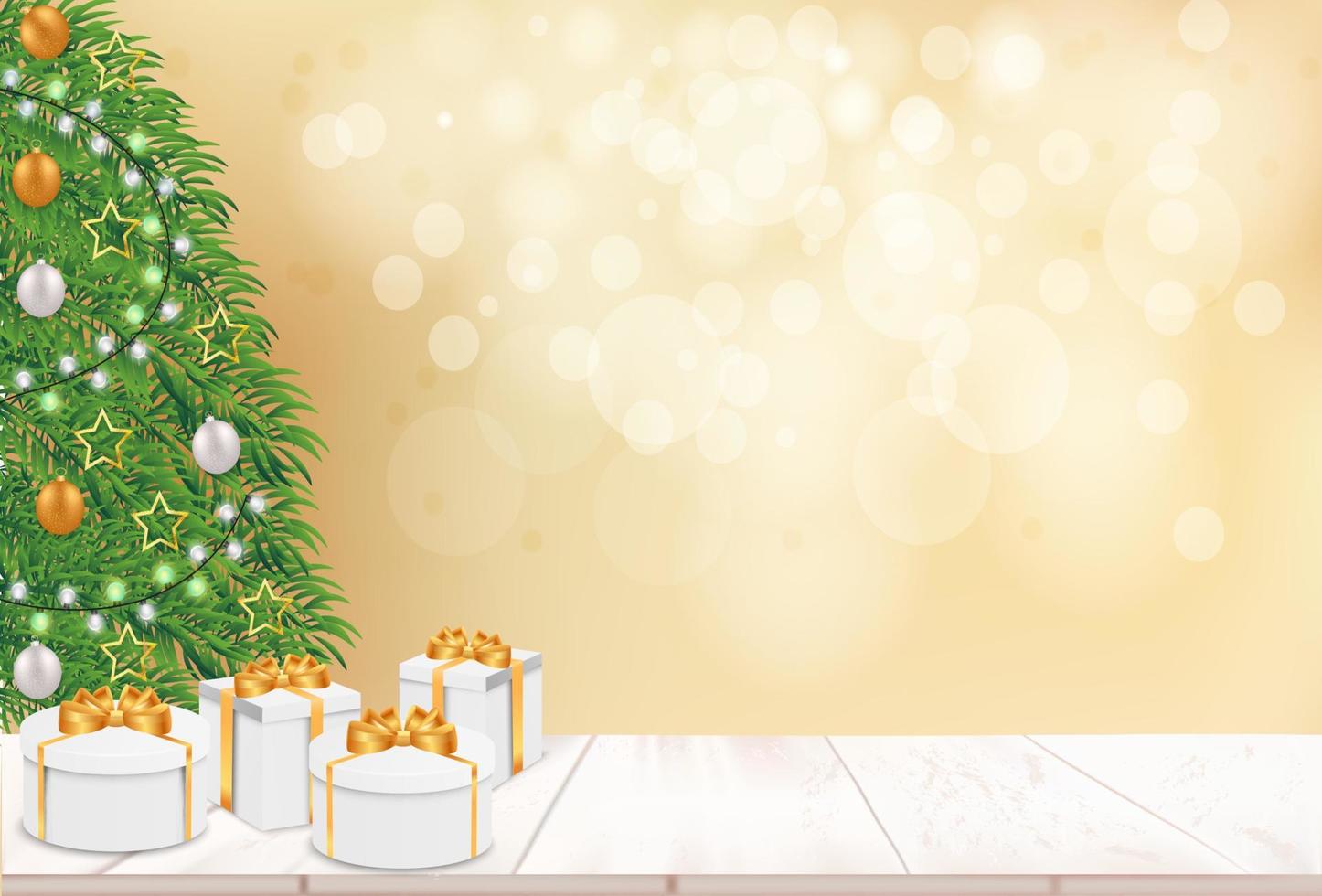 merry Christmas with Christmas tree and Christmas gift box with bokeh background vector