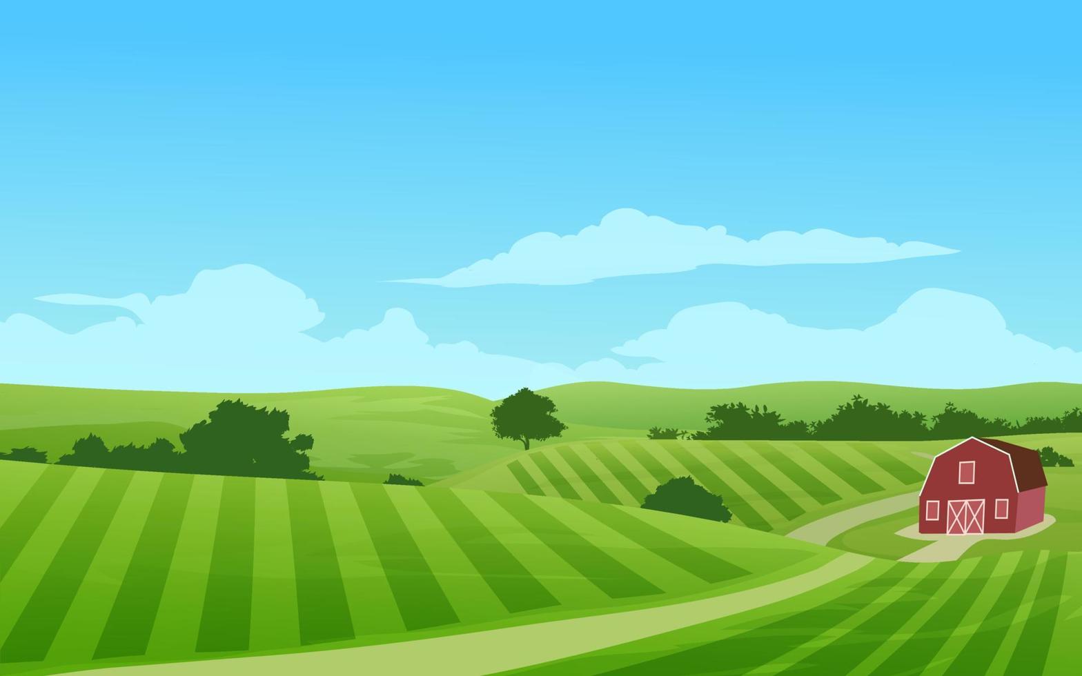 Countryside farmland landscape with barn and pathway vector