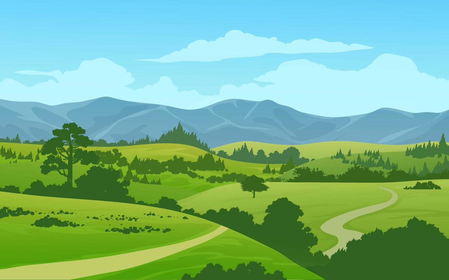 Beautiful sunny day landscape in countryside with mountain, forest and meadow vector