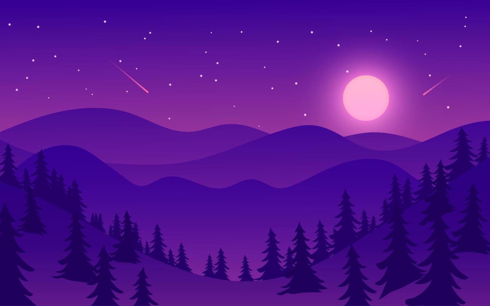 Dreamy flat nature landscape with mountains and moonlight vector