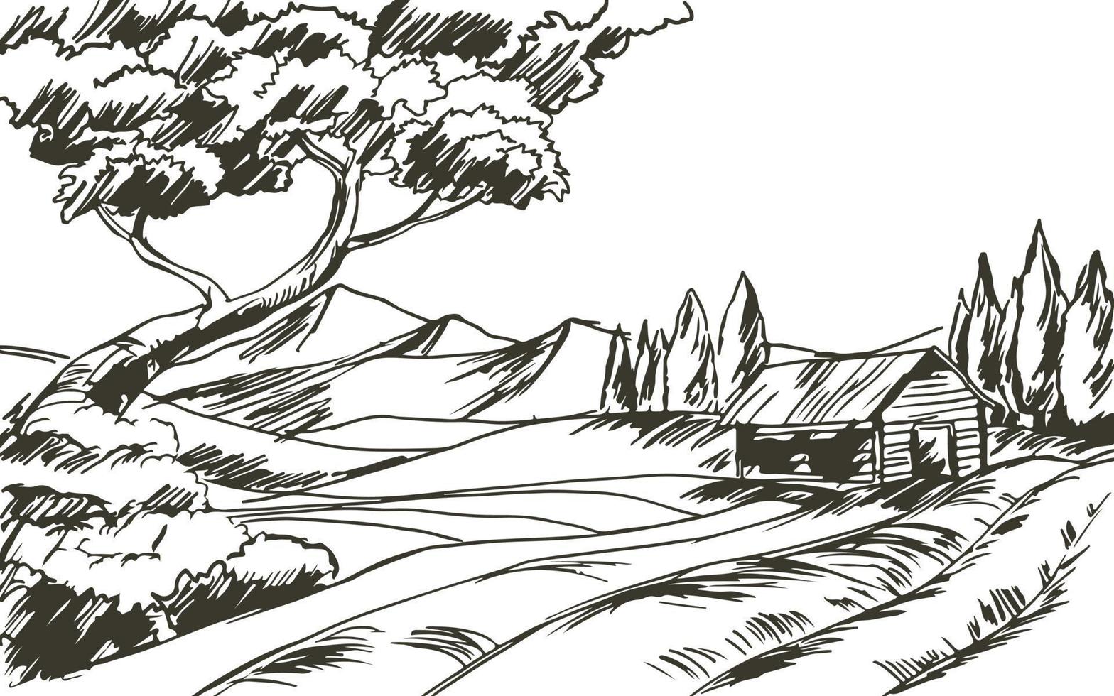 paisaje rural con arte de boceto en blanco y negro de granero vector