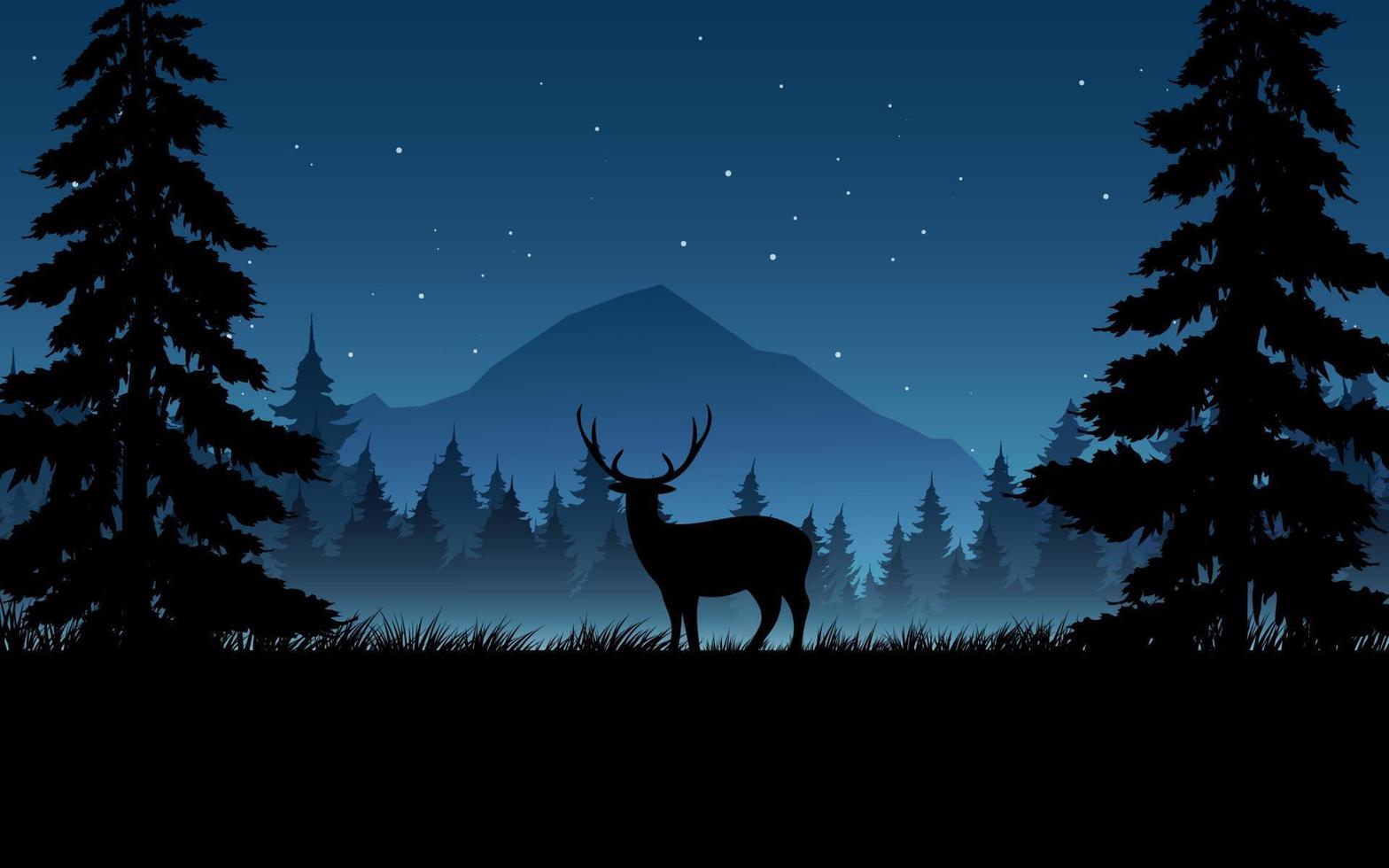 Beautiful night in forest with reindeer, pine trees and mountain vector