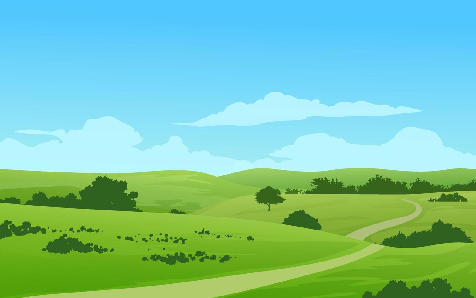 campo verde y paisaje de colinas con sendero vector