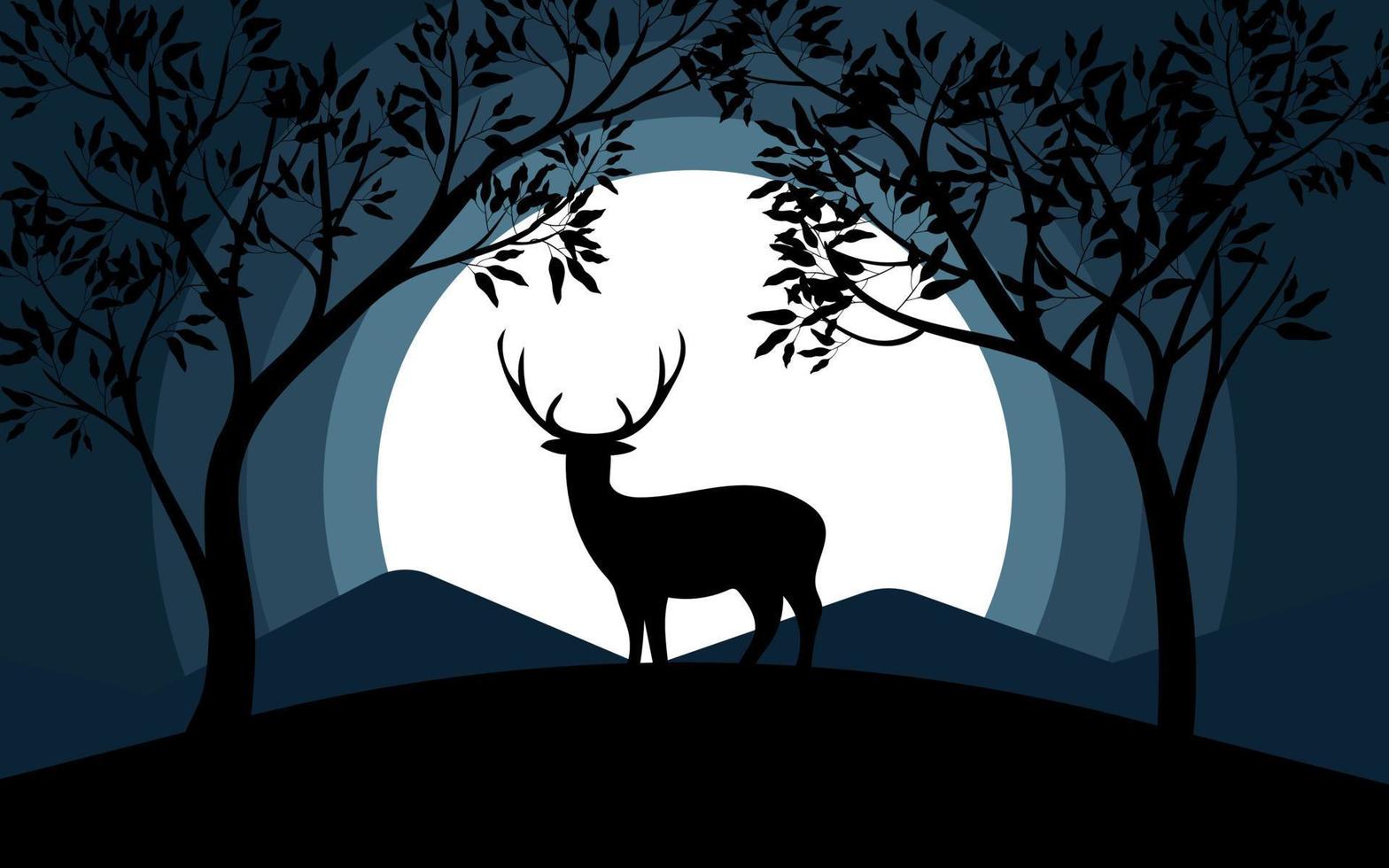 Night scene background with silhouette of a deer and trees vector