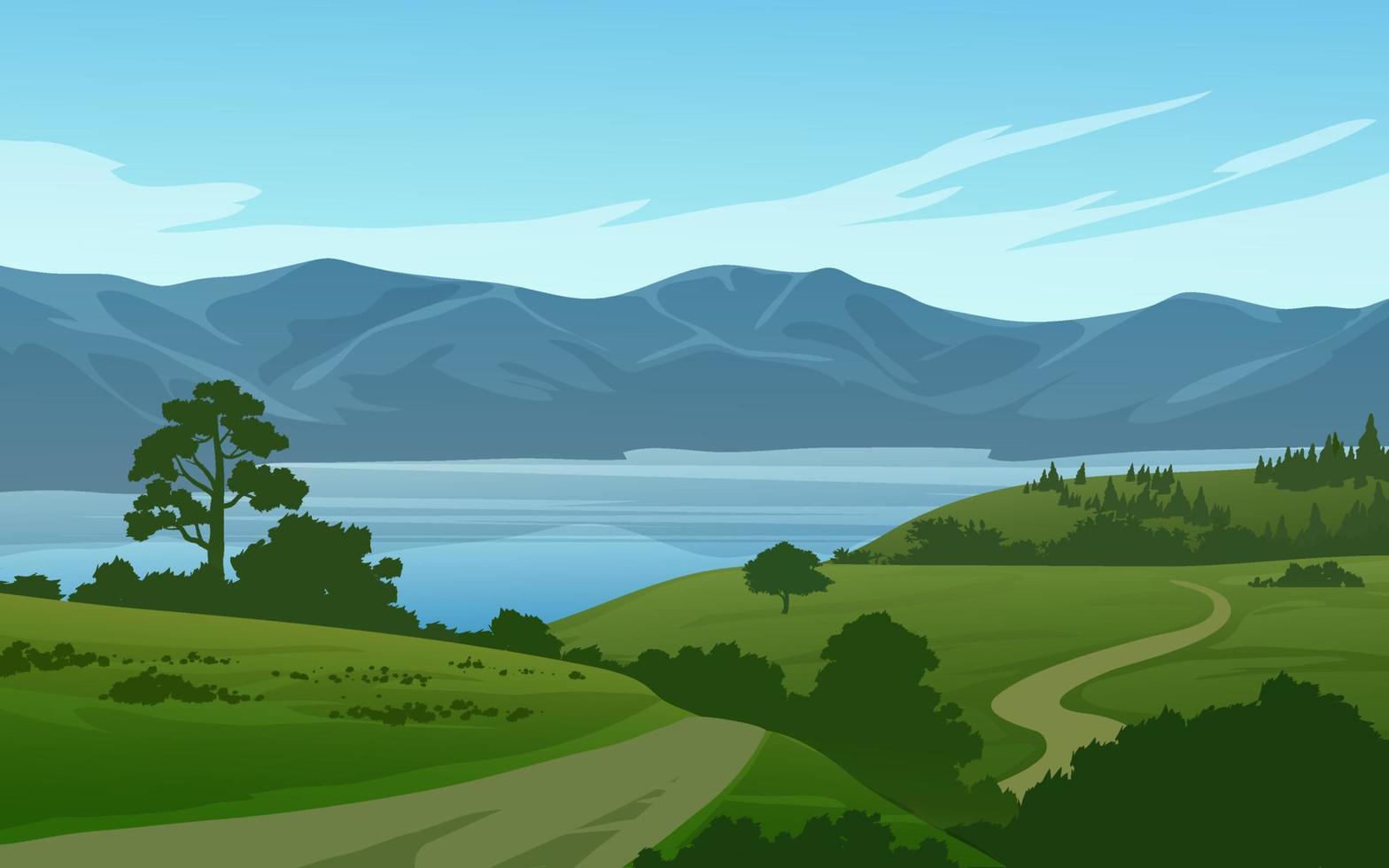 paisaje en el campo con lago y pradera vector