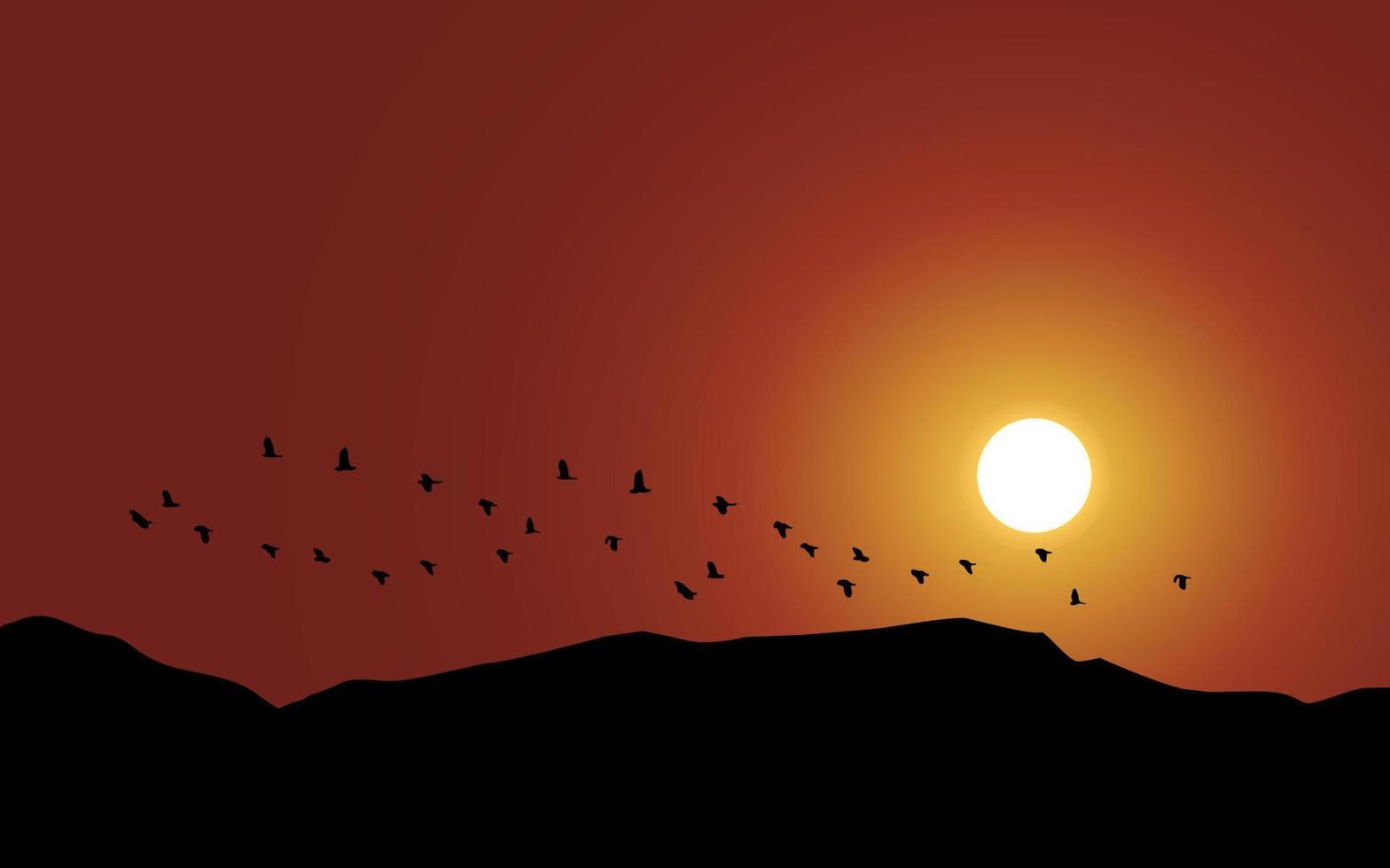 puesta de sol en la colina con pájaros voladores en silueta vector