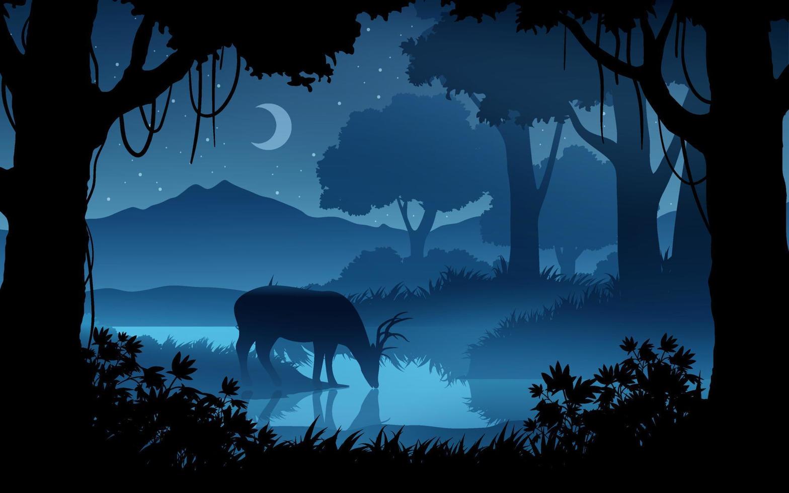 Beautiful foggy night in forest with deer, river and crescent moon vector