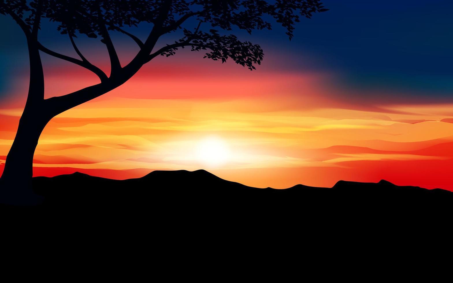Glowing golden sunset illustration with a tree and mountain silhouette vector