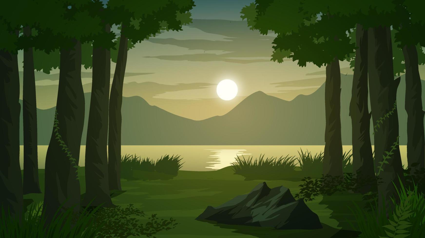 Sunset in forest by lake and mountain vector