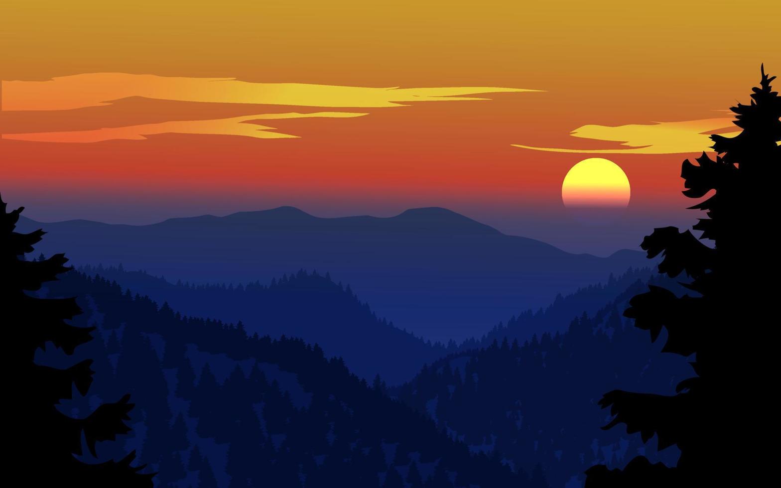 Beautiful dramatic sunset at mountains with silhouette of fir trees vector