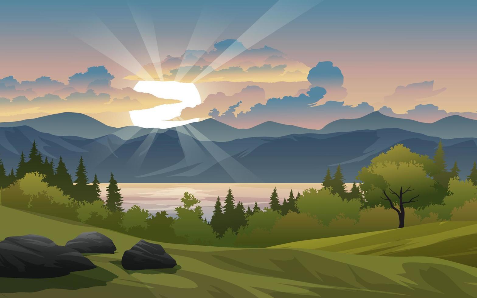 hermoso lago y colina puesta de sol con bosque vector