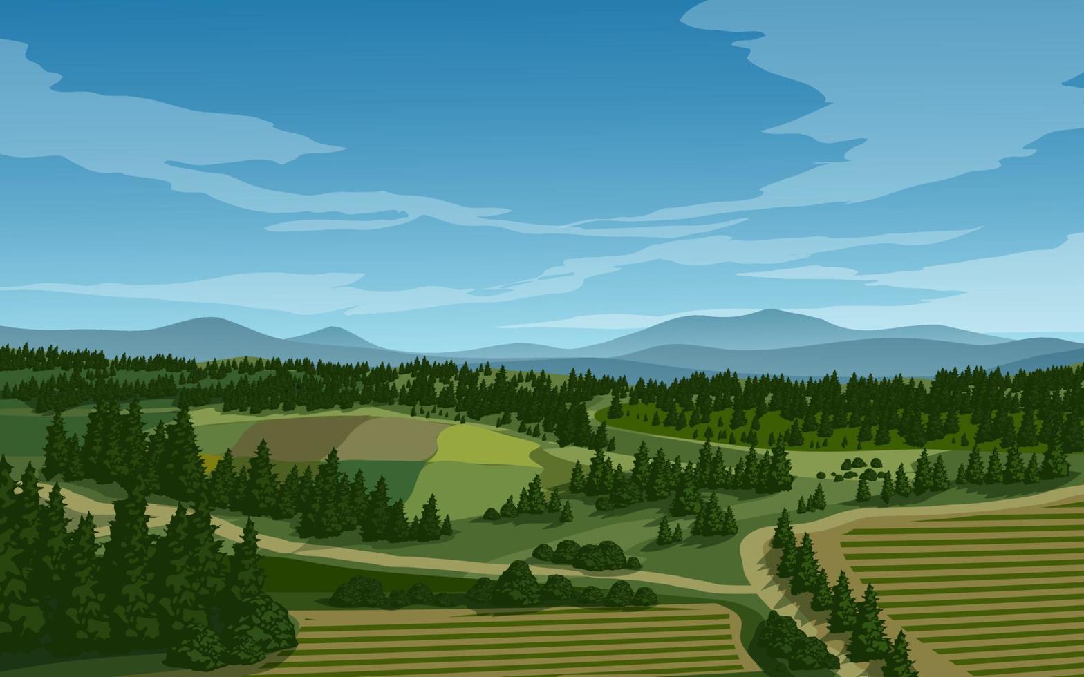 paisaje rural con bosques de coníferas y tierras de cultivo en vista aérea vector