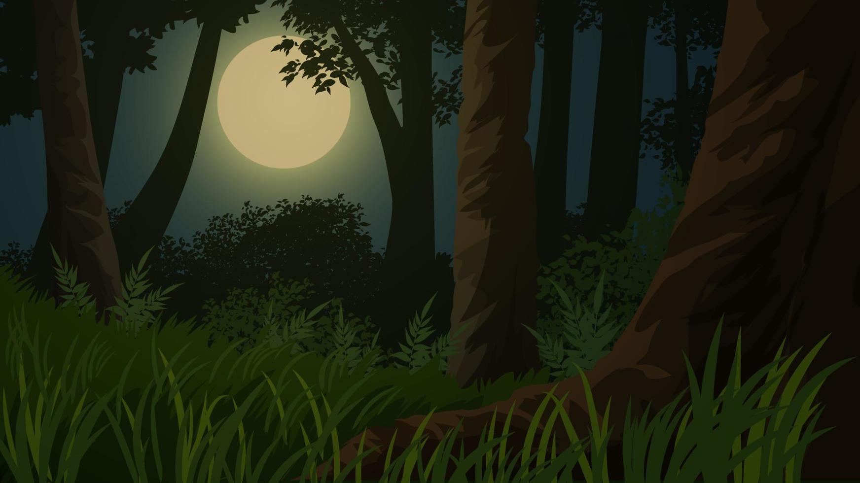 luna llena vista desde las ramas de los árboles en el bosque vector