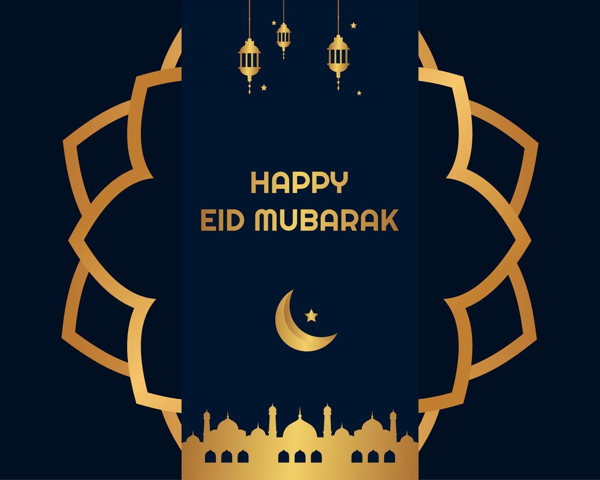 Eid Mubarak islamic design crescent moon. lanterns and arabic calligraphy, Great for greeting cards, posters, banners and backgrounds vector