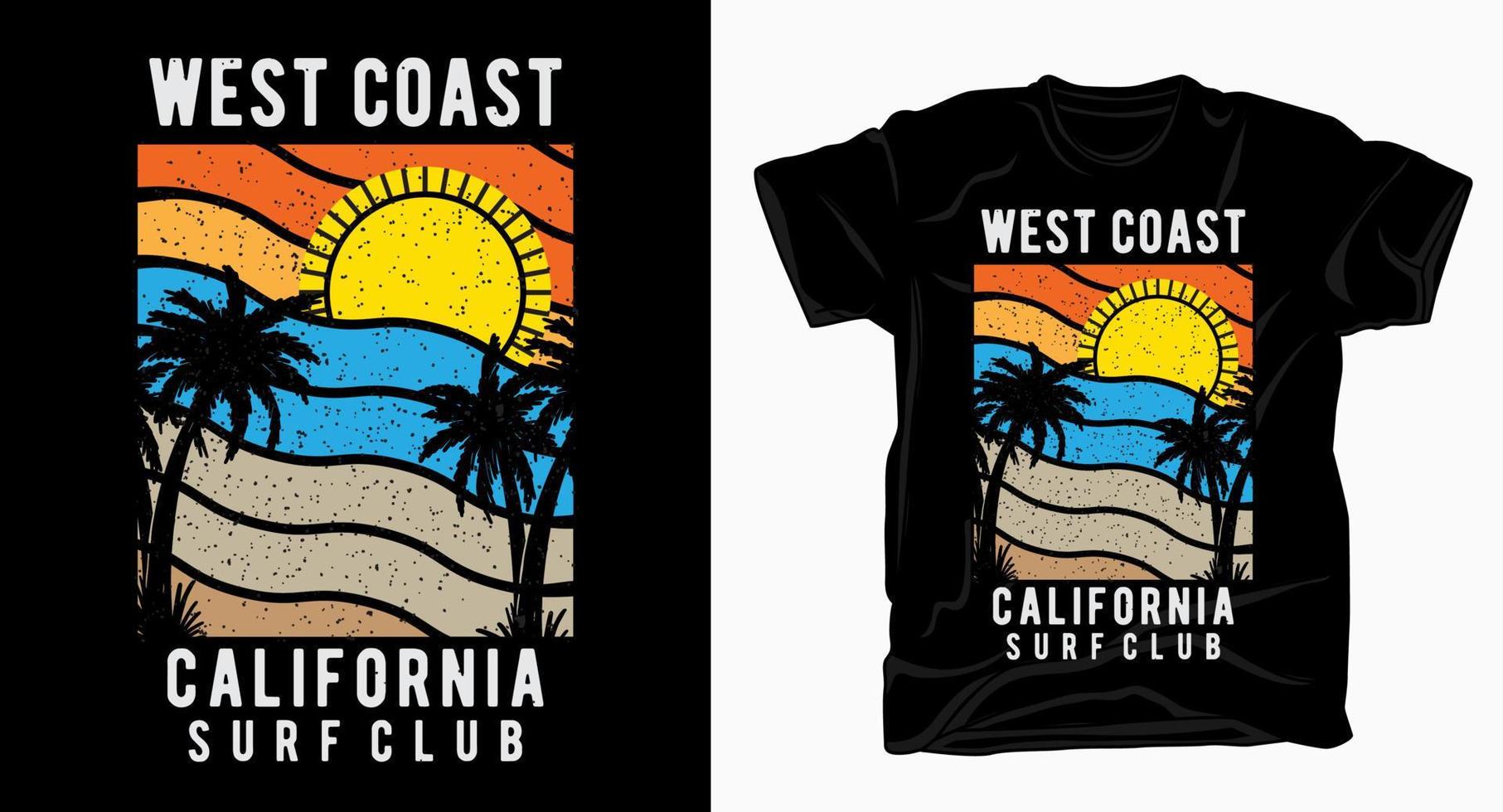tipografía del club de surf de la costa oeste de california con palmeras y camiseta de sol vector