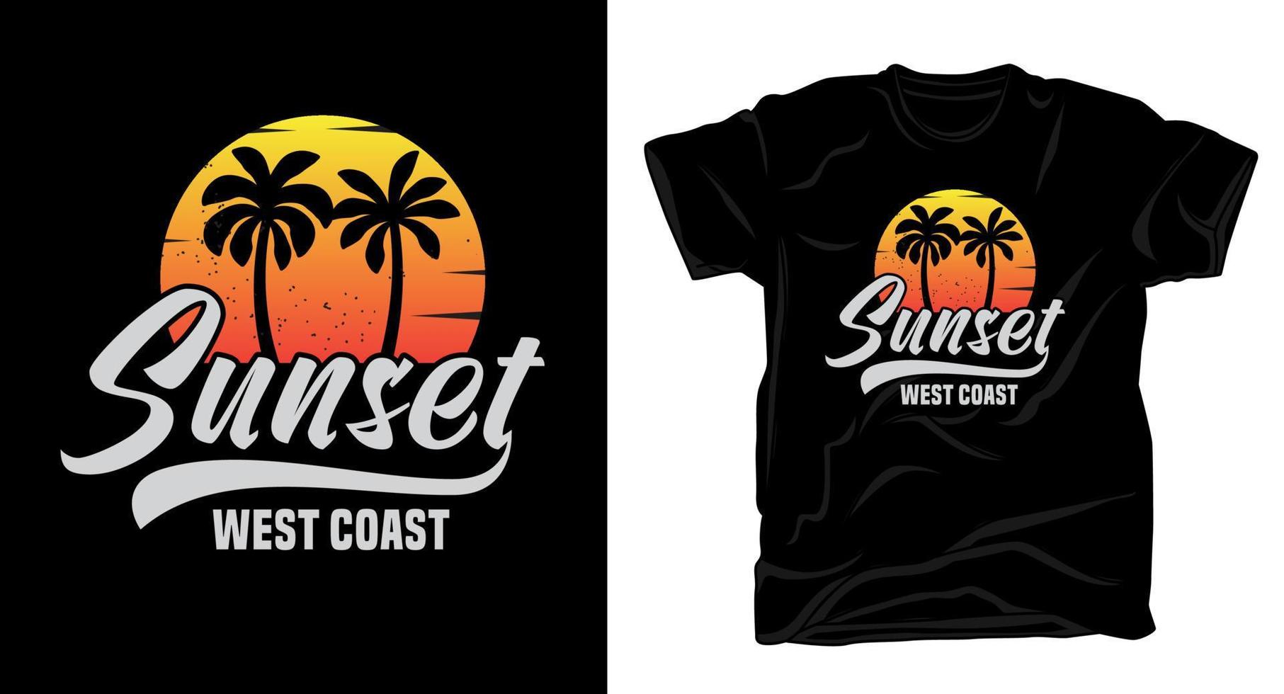 tipografía de la costa oeste de la puesta del sol con diseño de camiseta de palmeras vector