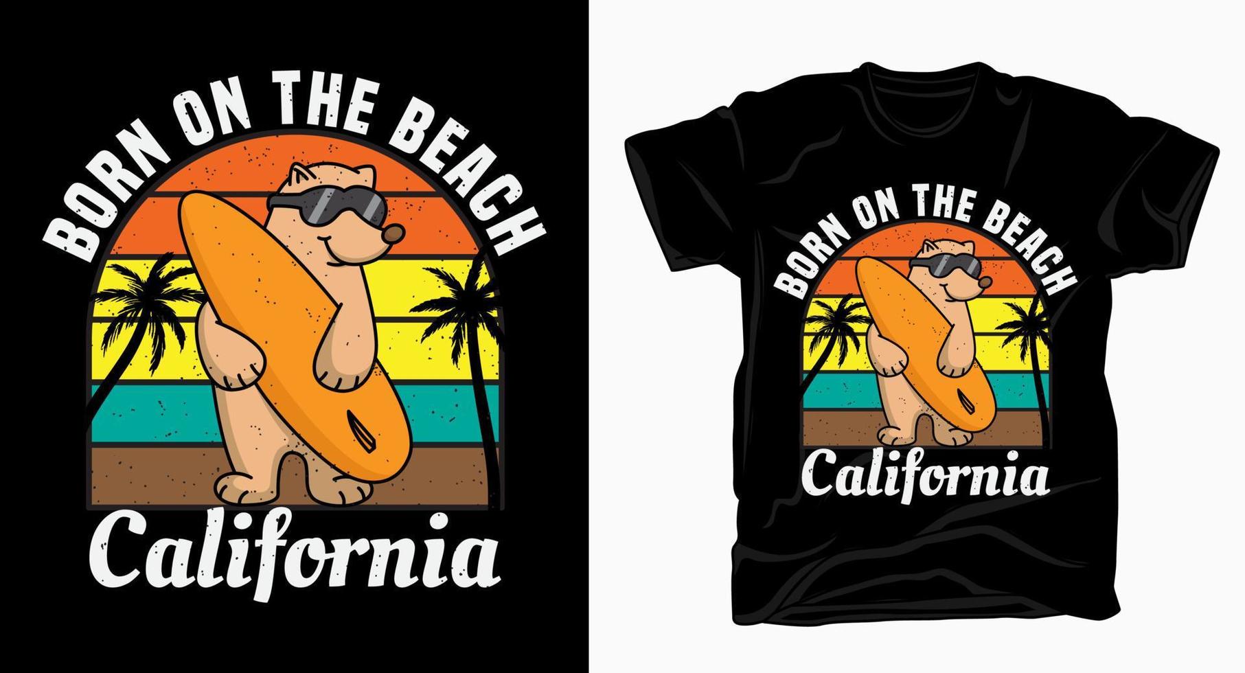 nacido en la playa tipografía de california con camiseta de oso vector