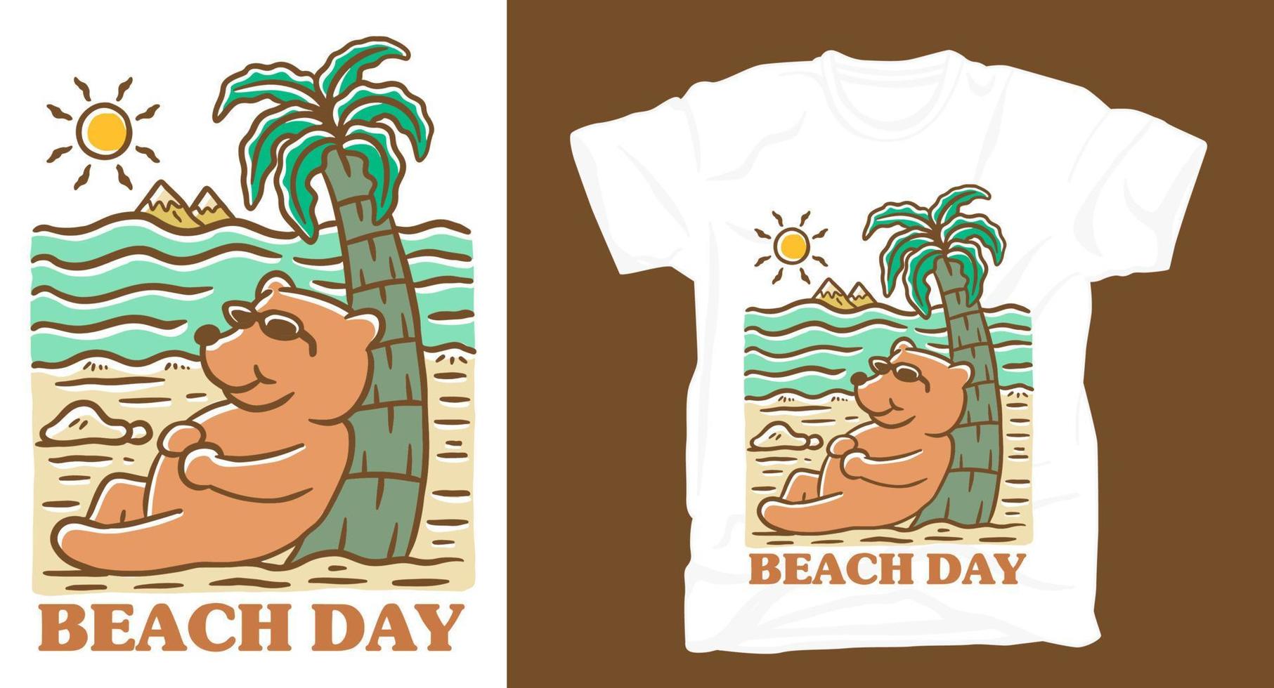 Hand draw bear at beach illustration t-shirt design vector