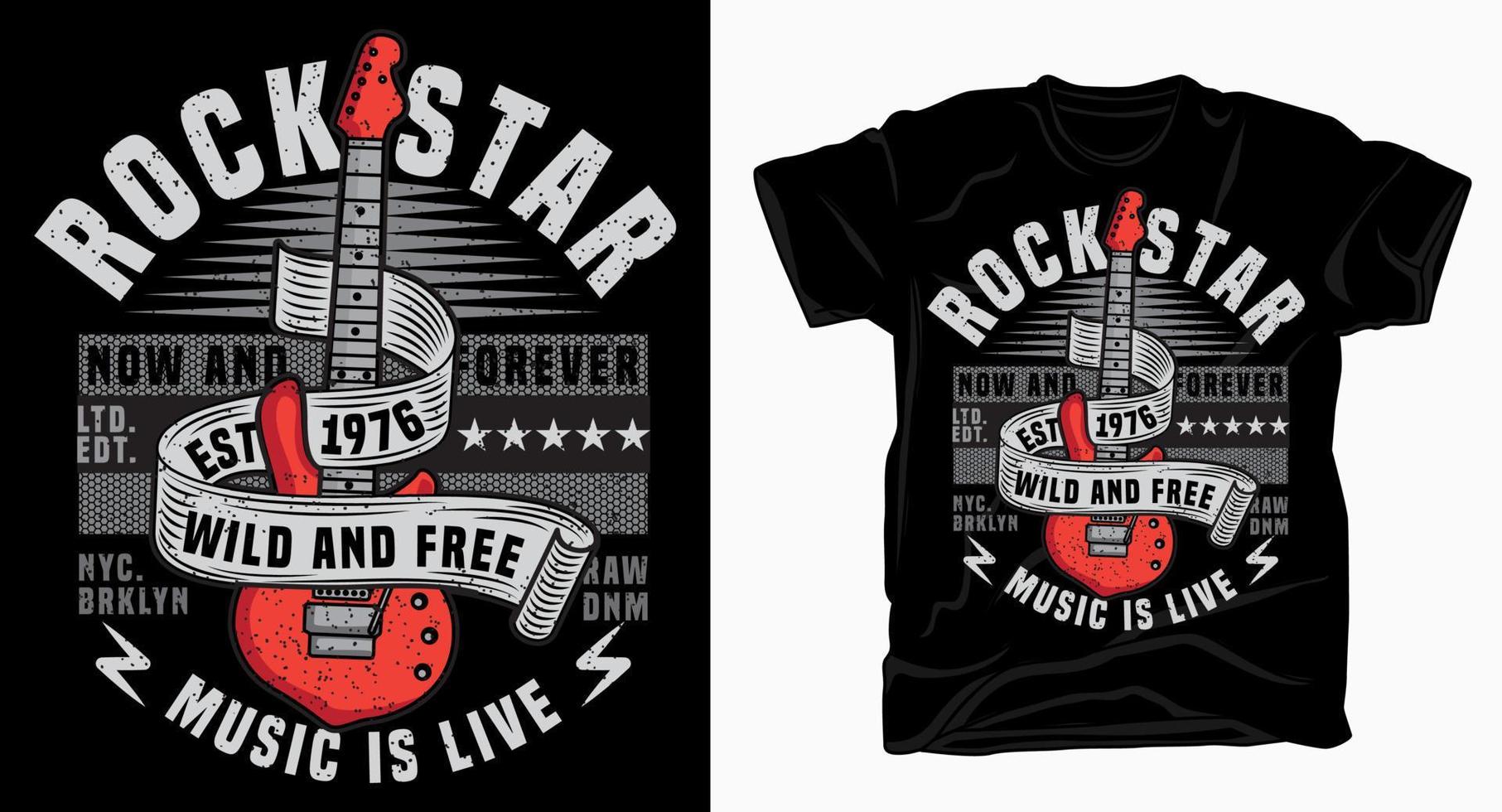 rock star music is life tipografía con diseño de guitarra eléctrica para camiseta vector