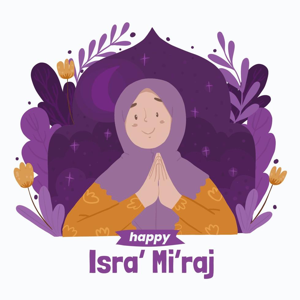 Muslim Girl in Hijab Congratulating Isra Mi'raj vector