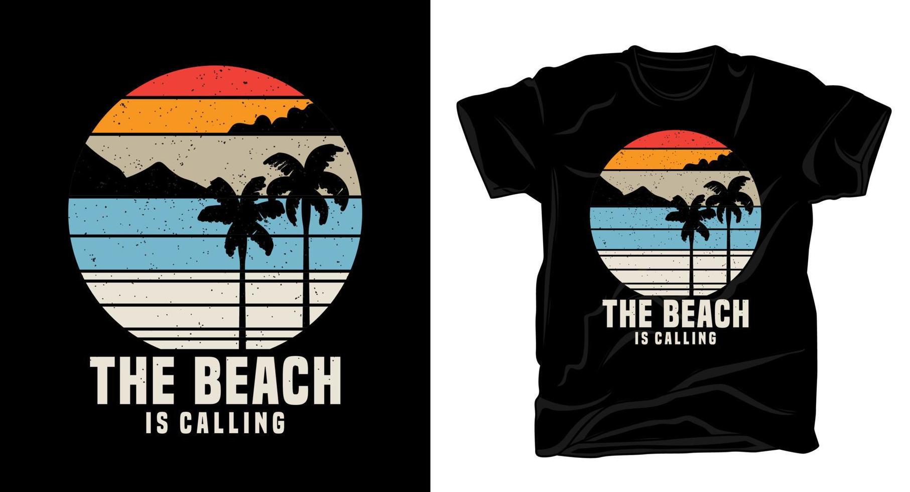 la playa está llamando tipografía con diseño de camiseta vintage de isla y palma vector