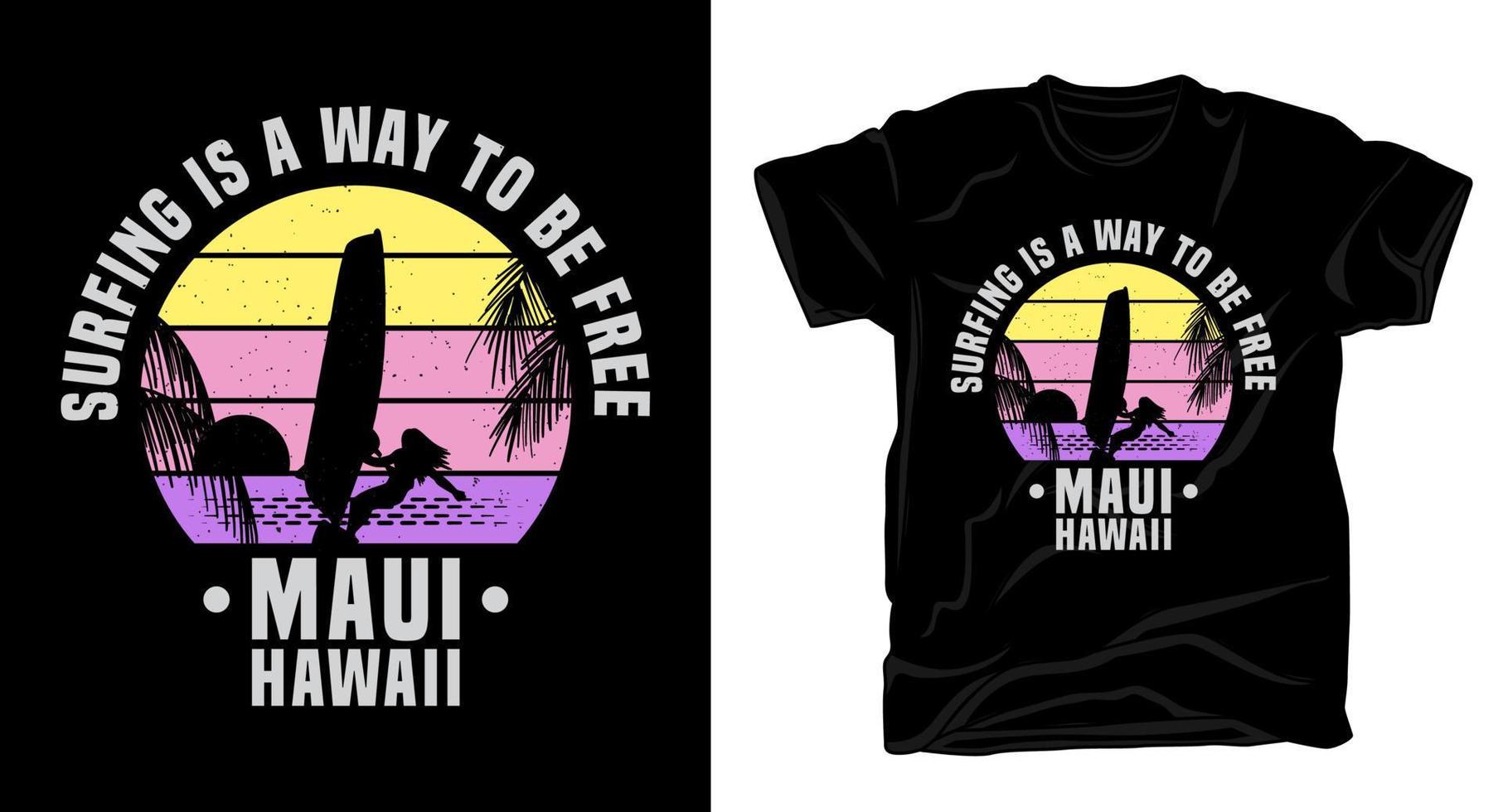 Beach surfing vintage retro style with silhouette and typography t-shirt vector