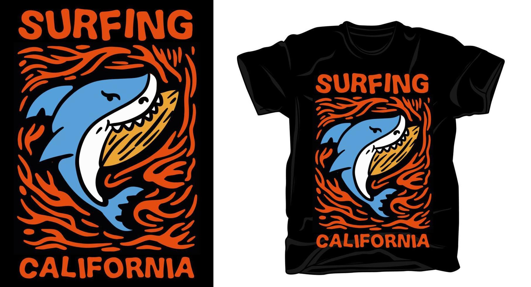 diseño de camiseta de ilustración de tabla de surf de tiburón vector