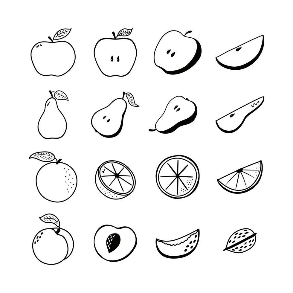 conjunto de iconos de frutas. colección de símbolos de frutas dibujados a mano para logotipo, pegatina, pancarta, menú, diseño y decoración de paquetes de alimentos vector