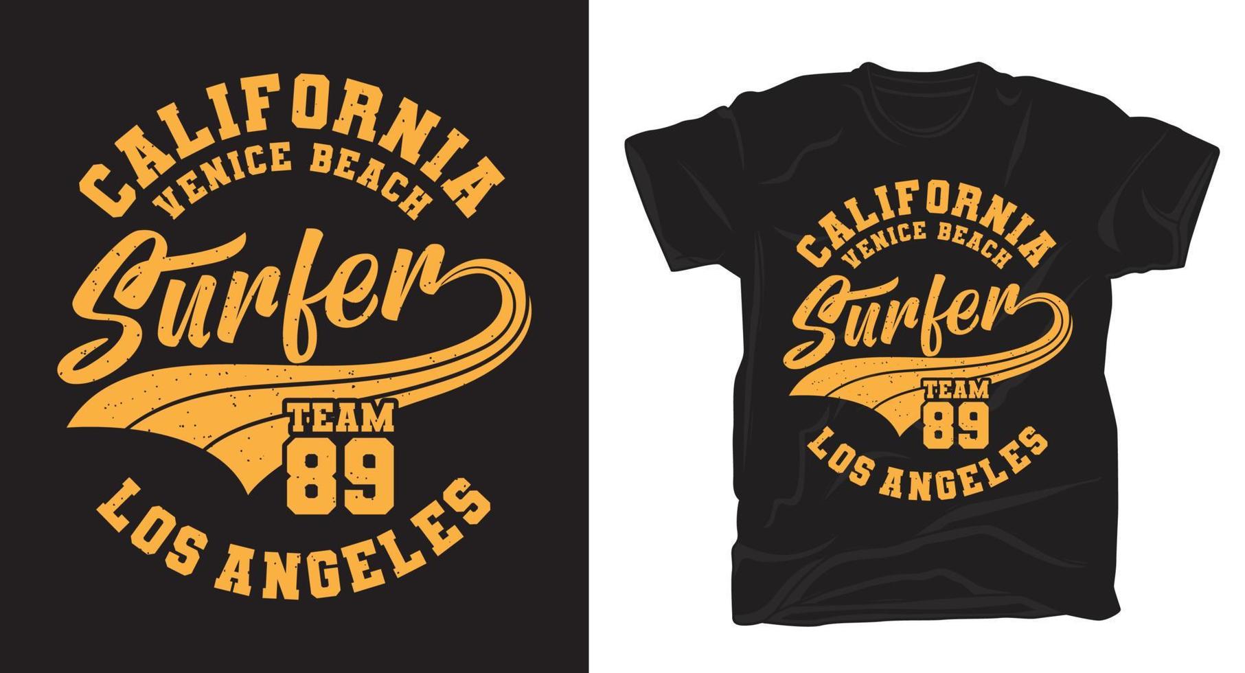 diseño de camiseta de tipografía de surfista de california vector