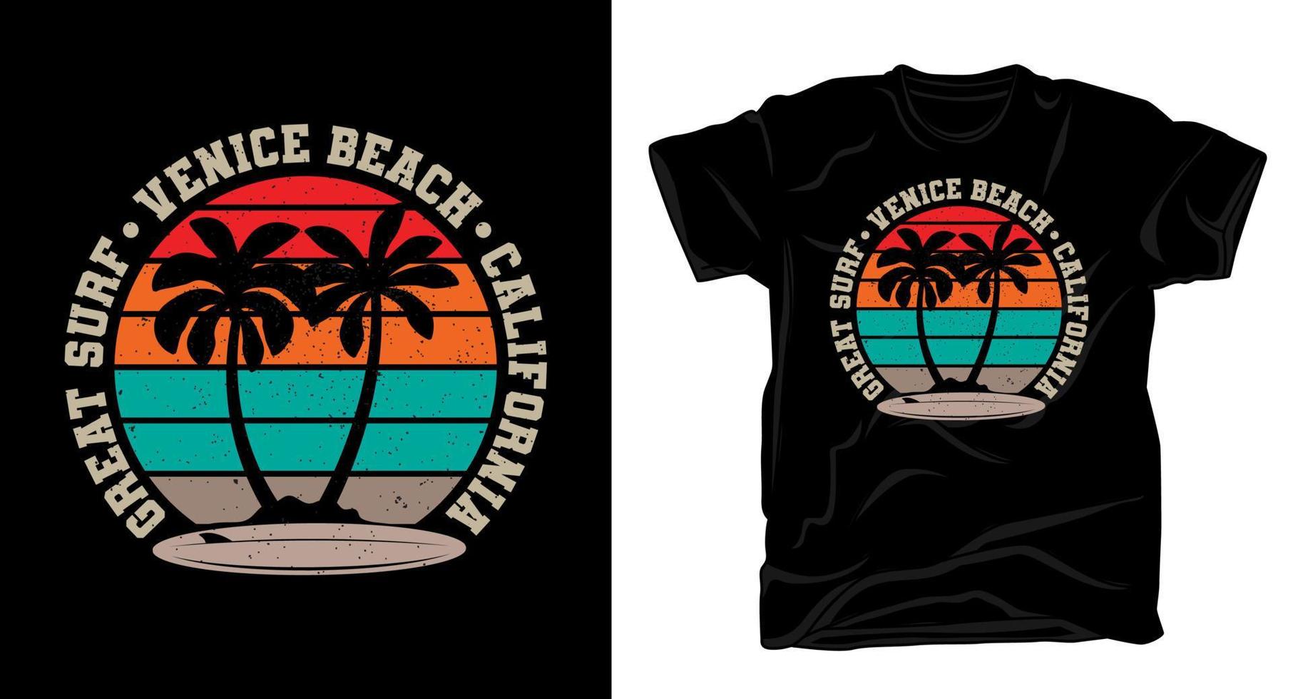 gran tipografía de surf venice beach california con palmeras y tabla de surf camiseta vintage vector