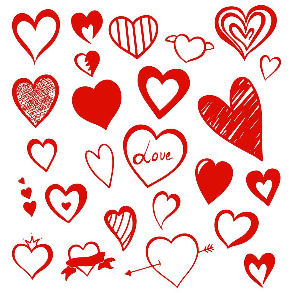 conjunto de corazones vectoriales dibujados a mano roja, corazones de varias formas de color rojo vector