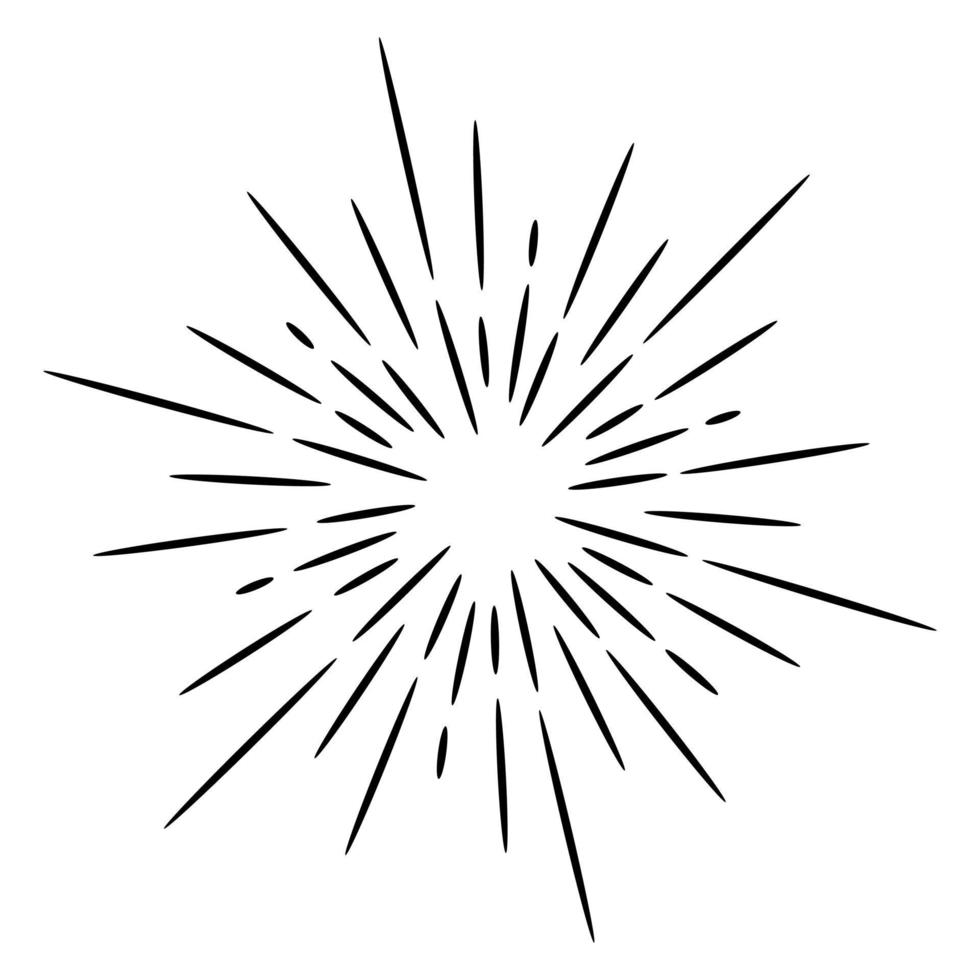 Starburst, sunburst  hand drawn. Design Element Fireworks Black Rays. Comic explosion effect. Radiating, radial lines. vector