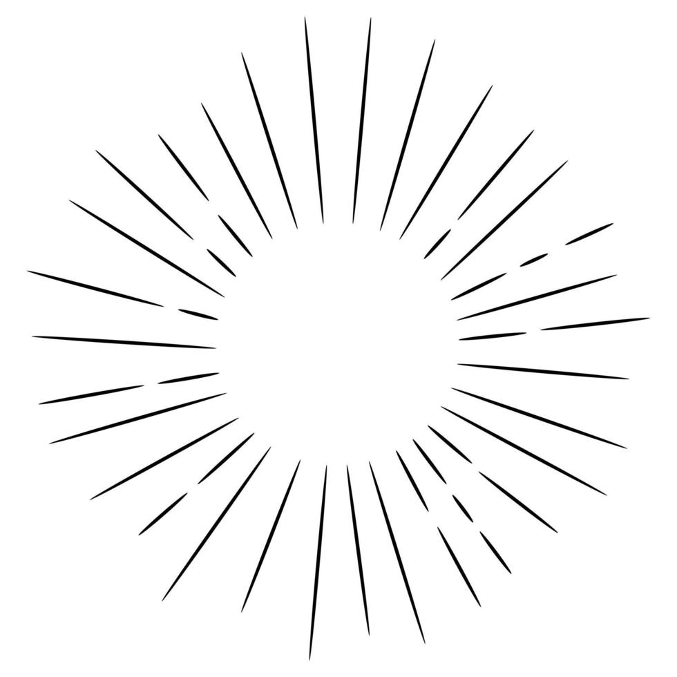Starburst, sunburst  hand drawn. Design Element Fireworks Black Rays. Comic explosion effect. Radiating, radial lines. vector